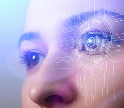 Biometrics concept. Facial Recognition System. Face Recognition. Iris recognition. Cyber eye. Smart Lens.